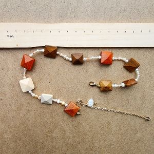Choker necklace with wooden beads and authentic pearls, hand-made